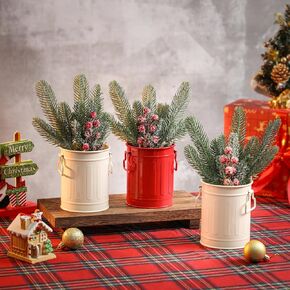 Bretacole White Winter Centerpieces for Tables, 3 Pack Mini Christmas Artificial Pine Tree with Berries in Metal Pots, Farmhouse Winter Tabletop Xmas Decorations for Home, Mantel in Saudi Arabia