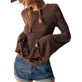 RoseSeek Women's Knit Lace Bell Sleeve T Shirt Crew Neck Fitted Tee Tops Western Cowgirl Outfits in Saudi Arabia