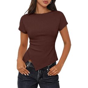 MEROKEETY Women's Summer Asymmetrical Tops 2026 Short Sleeve Boat Neck Ruched Slim Going Out T-Shirts Trendy Y2K Clothes in Kuwait