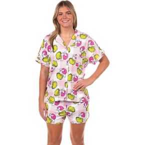 Dr. Seuss The Grinch Santa Pink Plaid Notch Collar Short 2-Piece Sleep Set in Saudi Arabia