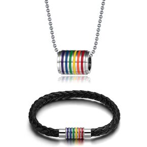 جاكوب ميلر الفولاذ المقاوم للصدأ LGBT مثلي الجنس فخر قوس قزح أنبوب اسطوانة قلادة وسوار جلد مضفر للرجال النساء للجنسين مثلي الجنس مثليه هدايا عيد الحب in Kuwait