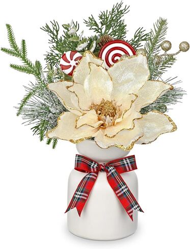 Christmas Centerpieces for Tables, Christmas Floral Arrangements Artificial Magnolia Flowers in Vase Small Xmas Table Arrangements with Ceramic Vase Winter Holiday Table Centerpiece for Dinner Tables in Saudi Arabia