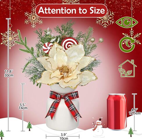 Christmas Centerpieces for Tables, Christmas Floral Arrangements Artificial Magnolia Flowers in Vase Small Xmas Table Arrangements with Ceramic Vase Winter Holiday Table Centerpiece for Dinner Tables in Saudi Arabia
