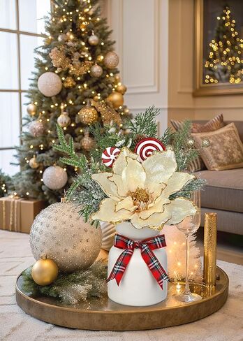 Christmas Centerpieces for Tables, Christmas Floral Arrangements Artificial Magnolia Flowers in Vase Small Xmas Table Arrangements with Ceramic Vase Winter Holiday Table Centerpiece for Dinner Tables in Saudi Arabia