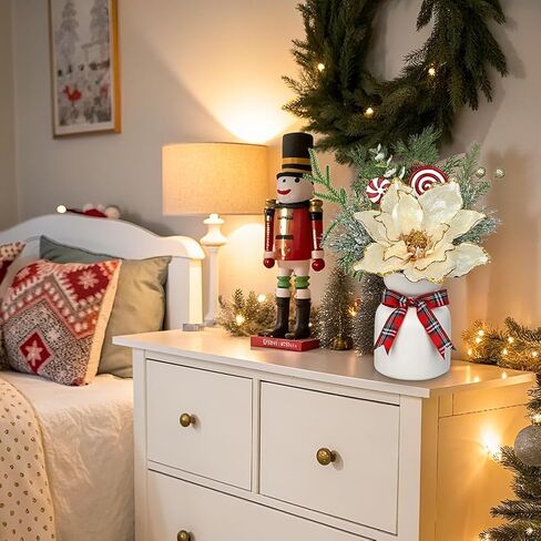 Christmas Centerpieces for Tables, Christmas Floral Arrangements Artificial Magnolia Flowers in Vase Small Xmas Table Arrangements with Ceramic Vase Winter Holiday Table Centerpiece for Dinner Tables in Saudi Arabia
