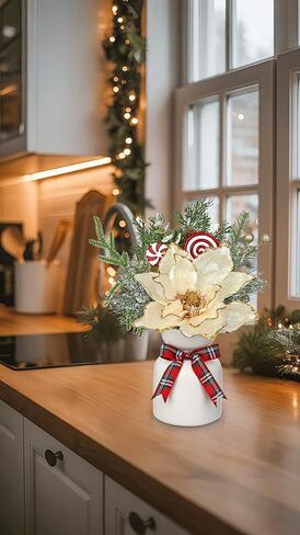 Christmas Centerpieces for Tables, Christmas Floral Arrangements Artificial Magnolia Flowers in Vase Small Xmas Table Arrangements with Ceramic Vase Winter Holiday Table Centerpiece for Dinner Tables in Saudi Arabia