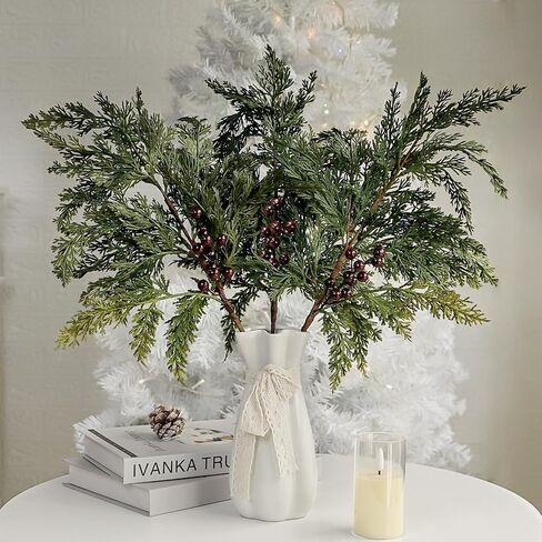 5Pcs 21.7'' Christmas Greenery Stems with Red Berries Artificial Cedar Branches for Indoor Outdoor Home Decoration, Realistic Pine Tree Picks Berry Sprays for Xmas Vases Wreaths Table Decor (5, Green) in Saudi Arabia