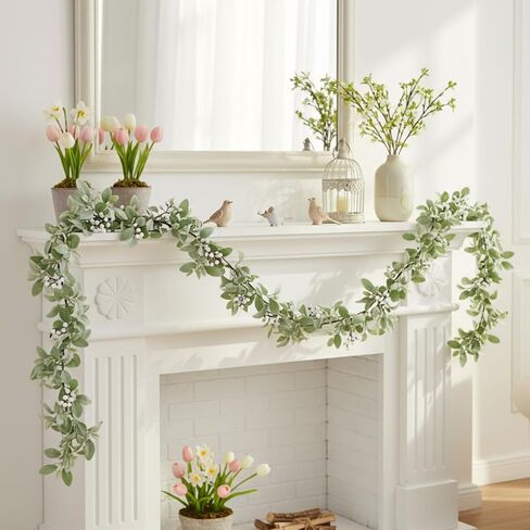 Suncalla 6 ft Artificial Flocked Lambs Ear Garland with White Berries, White Berries Spring Garland, Decorative Farmhouse Vines for Mantle Fireplace Wedding Spring Tabletop Centerpieces Home Decor in Kuwait