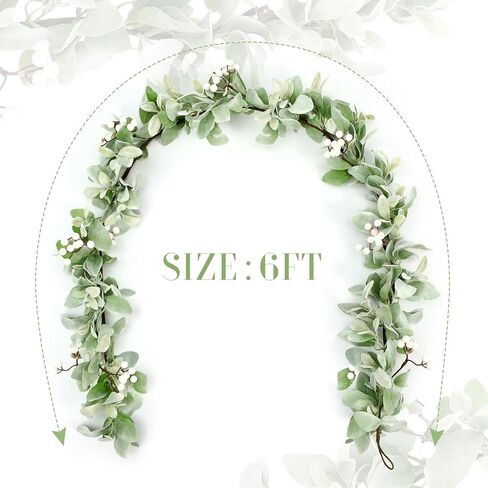 Suncalla 6 ft Artificial Flocked Lambs Ear Garland with White Berries, White Berries Spring Garland, Decorative Farmhouse Vines for Mantle Fireplace Wedding Spring Tabletop Centerpieces Home Decor in Saudi Arabia