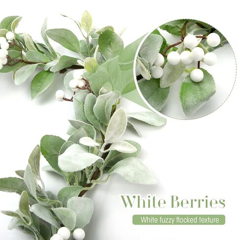 Suncalla 6 ft Artificial Flocked Lambs Ear Garland with White Berries, White Berries Spring Garland, Decorative Farmhouse Vines for Mantle Fireplace Wedding Spring Tabletop Centerpieces Home Decor in Saudi Arabia
