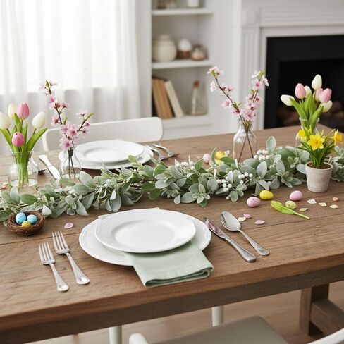 Suncalla 6 ft Artificial Flocked Lambs Ear Garland with White Berries, White Berries Spring Garland, Decorative Farmhouse Vines for Mantle Fireplace Wedding Spring Tabletop Centerpieces Home Decor in Saudi Arabia