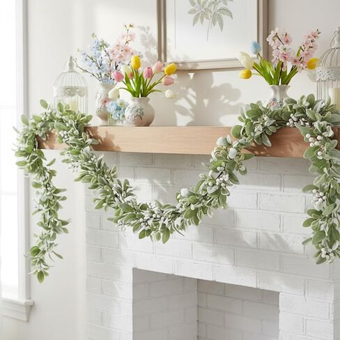 Suncalla 6 ft Artificial Flocked Lambs Ear Garland with White Berries, White Berries Spring Garland, Decorative Farmhouse Vines for Mantle Fireplace Wedding Spring Tabletop Centerpieces Home Decor in Saudi Arabia