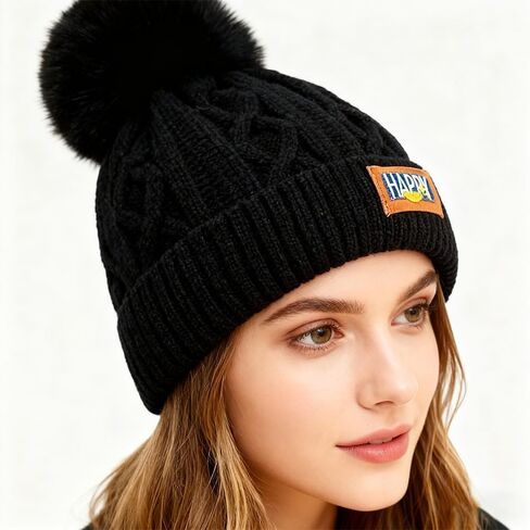 Women's Winter Beanie Hat - Warm Fleece Lined Knitted Soft Ski Cuff Cap with Pom Pom in Saudi Arabia