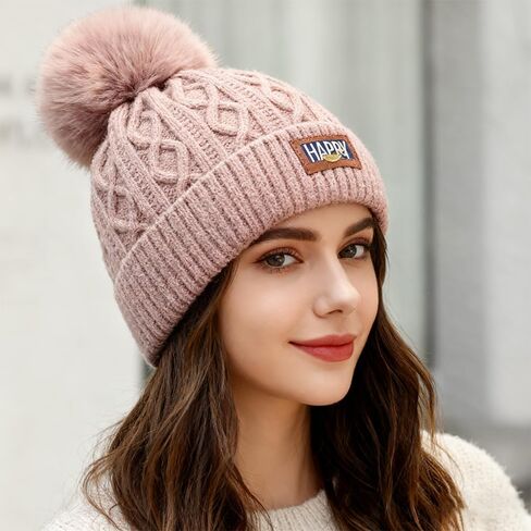 Women's Winter Beanie Hat - Warm Fleece Lined Knitted Soft Ski Cuff Cap with Pom Pom in Saudi Arabia