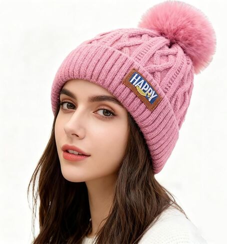 Women's Winter Beanie Hat - Warm Fleece Lined Knitted Soft Ski Cuff Cap with Pom Pom in Saudi Arabia