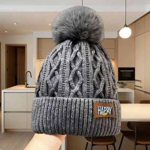 Women's Winter Beanie Hat - Warm Fleece Lined Knitted Soft Ski Cuff Cap with Pom Pom in Saudi Arabia