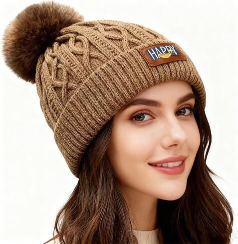 Women's Winter Beanie Hat - Warm Fleece Lined Knitted Soft Ski Cuff Cap with Pom Pom in Saudi Arabia