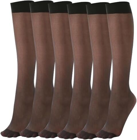 6 Pairs Knee High Stockings for Women, 20 Denier Nylon Sheer Socks with Reinforced Toes Black Nude One Size in Saudi Arabia