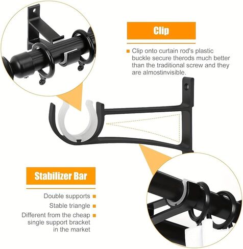 Curtain Rod Bracket, Heavy Duty Curtain Rod Holders Single Decorative Rod Hooks Hanger Fit for 1 Inch Drapes Rod, Black (Set of 4) in Saudi Arabia