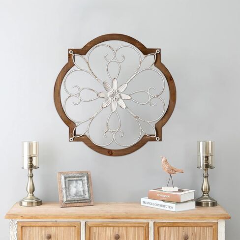 Sintosin Vintage Wrought Iron Wall Decor 22", Hanging Farmhouse Distressed White Metal Scroll Wall Decor, Wood Frame and Metal Flower Wall Art Decor for Living Room Entryway Hallway in Saudi Arabia