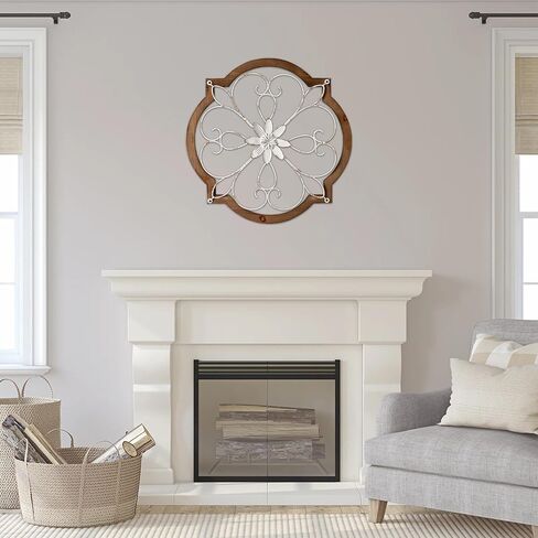 Sintosin Vintage Wrought Iron Wall Decor 22", Hanging Farmhouse Distressed White Metal Scroll Wall Decor, Wood Frame and Metal Flower Wall Art Decor for Living Room Entryway Hallway in Saudi Arabia