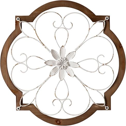 Sintosin Vintage Wrought Iron Wall Decor 22", Hanging Farmhouse Distressed White Metal Scroll Wall Decor, Wood Frame and Metal Flower Wall Art Decor for Living Room Entryway Hallway in Saudi Arabia