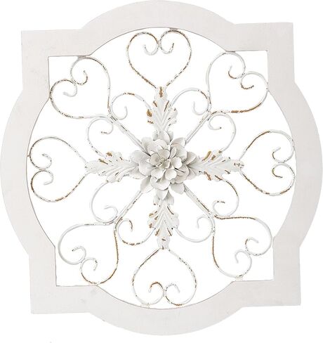 Sintosin Vintage Wrought Iron Wall Decor 22", Hanging Farmhouse Distressed White Metal Scroll Wall Decor, Wood Frame and Metal Flower Wall Art Decor for Living Room Entryway Hallway in Saudi Arabia