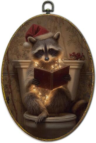 XFCICRLJ Funny Christmas Raccoon Bathroom Wall Art Decor, Christmas Racoon Reading Book Oval Canvas Prints Framed, Xmas Trash Panda Wall Art Decorations for Toilet Restroom Washroom Decor, 11x8.5 Inch 004-MH-TYH in Saudi Arabia