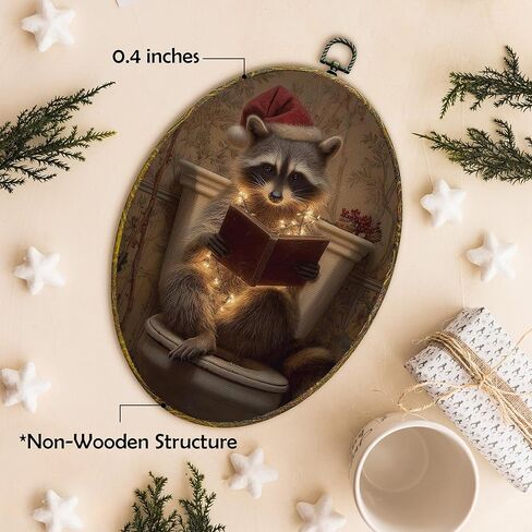 XFCICRLJ Funny Christmas Raccoon Bathroom Wall Art Decor, Christmas Racoon Reading Book Oval Canvas Prints Framed, Xmas Trash Panda Wall Art Decorations for Toilet Restroom Washroom Decor, 11x8.5 Inch 004-MH-TYH in Saudi Arabia