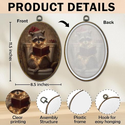 XFCICRLJ Funny Christmas Raccoon Bathroom Wall Art Decor, Christmas Racoon Reading Book Oval Canvas Prints Framed, Xmas Trash Panda Wall Art Decorations for Toilet Restroom Washroom Decor, 11x8.5 Inch 004-MH-TYH in Saudi Arabia