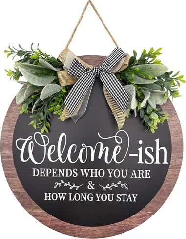 14 Inch Welcome Sign for Front Door Wooden Door Wreath Decoration Funny Welcome-ish Outdoor Hanging Signs for Gift Farmhuose Home Indoor All Seasons in Saudi Arabia