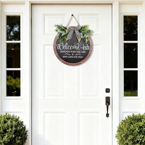 14 Inch Welcome Sign for Front Door Wooden Door Wreath Decoration Funny Welcome-ish Outdoor Hanging Signs for Gift Farmhuose Home Indoor All Seasons in Saudi Arabia
