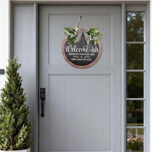 14 Inch Welcome Sign for Front Door Wooden Door Wreath Decoration Funny Welcome-ish Outdoor Hanging Signs for Gift Farmhuose Home Indoor All Seasons in Saudi Arabia