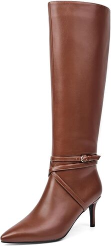 Women's Knee High Boots Pointed Toe Kitten Heel Tall Boots with Buckle Strap Fashion Dress Boots Side Zip Elegant Winter Boots in Kuwait