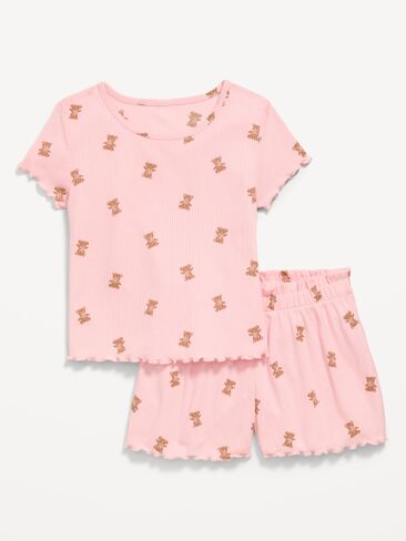 Old Navy Ribbed Lettuce-Edge Pajama Top and Shorts Set for Girls - Pink Teddy Bears in Saudi Arabia