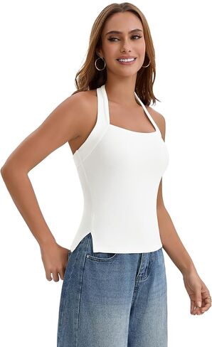 ONFERS Halter Tops for Women Sleeveless Square Neck Tank Top Summer Going Out Tops with Side Slits Y2k Outfits in Saudi Arabia