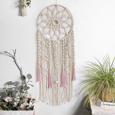 eobtain boho macrame الجدار شنقا اليدوية حلم الماسك الوردي والأبيض المنسوجة نسيج الجدار ديكور زاك شرابة جدار الفن البوهيمي ديكور المنزل لغرفة النوم غرفة المعيشة، هدايا للفتيات امرأة أمي in Kuwait