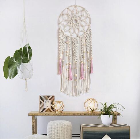 eobtain boho macrame الجدار شنقا اليدوية حلم الماسك الوردي والأبيض المنسوجة نسيج الجدار ديكور زاك شرابة جدار الفن البوهيمي ديكور المنزل لغرفة النوم غرفة المعيشة، هدايا للفتيات امرأة أمي in Kuwait