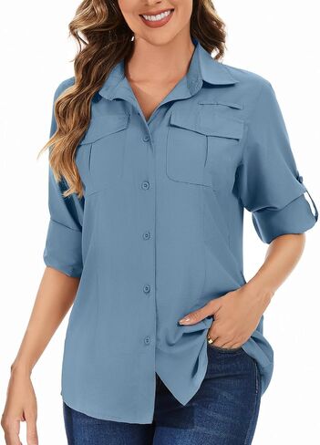 Women’s UPF 50 Safari Long Sleeve Sun Protection Shirt, Lightweight Quick Dry UV Fishing Hiking Outdoor Shirt in Saudi Arabia