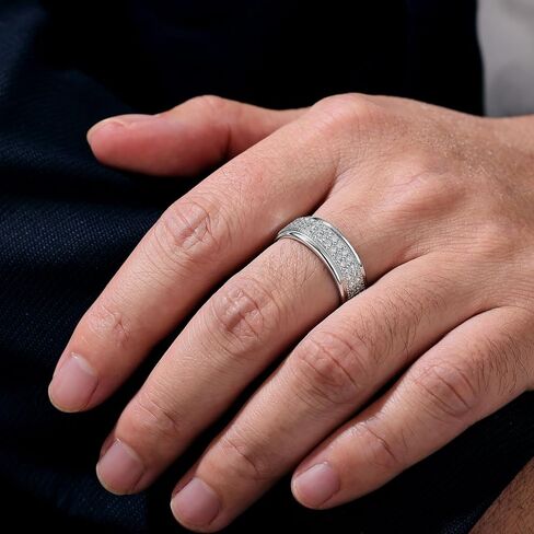 HAULTENG Lab-Created Moissanite Mens Wedding Band Double Row Wedding Ring For Men 925 Sterling Silver Sz 8-13 in Saudi Arabia