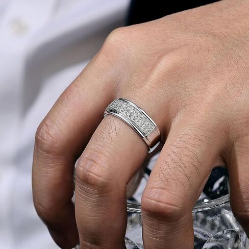 HAULTENG Lab-Created Moissanite Mens Wedding Band Double Row Wedding Ring For Men 925 Sterling Silver Sz 8-13 in Saudi Arabia
