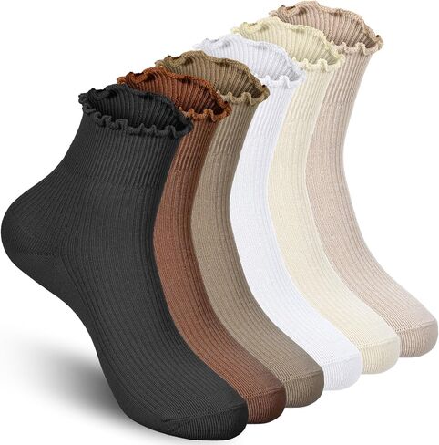 Xinjoduz 6 Pairs Womens Frilly Socks Ruffle Ankle Socks Women Cotton Cute Crew Breathable Short Lettuce Edge Sock Soft Knit Ruffled Sock Lightweight Pairs with All Shoes and Clothes (6 Colors) in Saudi Arabia