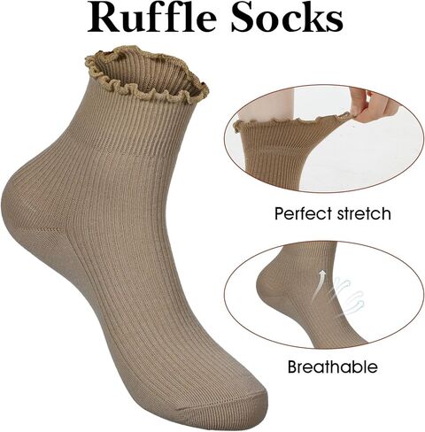 Xinjoduz 6 Pairs Womens Frilly Socks Ruffle Ankle Socks Women Cotton Cute Crew Breathable Short Lettuce Edge Sock Soft Knit Ruffled Sock Lightweight Pairs with All Shoes and Clothes (6 Colors) in Saudi Arabia