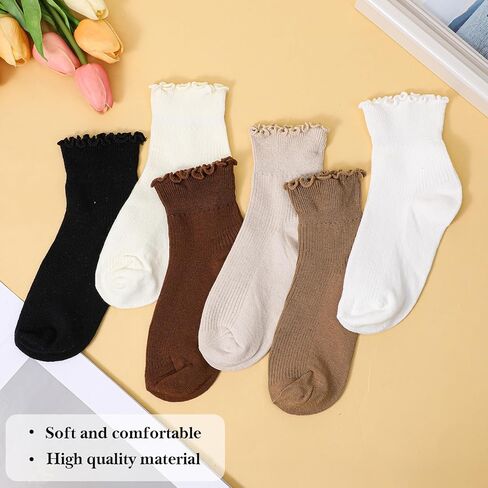 Xinjoduz 6 Pairs Womens Frilly Socks Ruffle Ankle Socks Women Cotton Cute Crew Breathable Short Lettuce Edge Sock Soft Knit Ruffled Sock Lightweight Pairs with All Shoes and Clothes (6 Colors) in Saudi Arabia