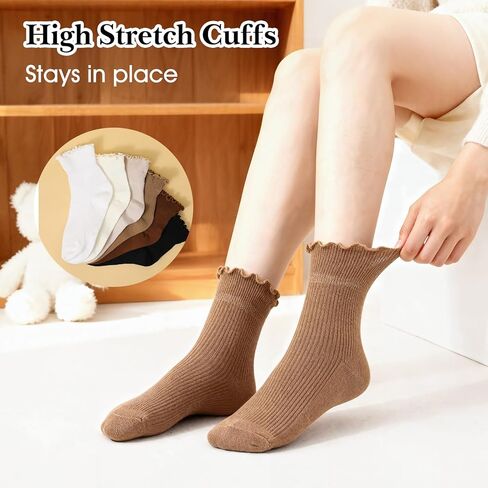 Xinjoduz 6 Pairs Womens Frilly Socks Ruffle Ankle Socks Women Cotton Cute Crew Breathable Short Lettuce Edge Sock Soft Knit Ruffled Sock Lightweight Pairs with All Shoes and Clothes (6 Colors) in Saudi Arabia