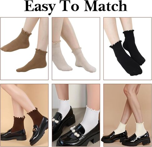 Xinjoduz 6 Pairs Womens Frilly Socks Ruffle Ankle Socks Women Cotton Cute Crew Breathable Short Lettuce Edge Sock Soft Knit Ruffled Sock Lightweight Pairs with All Shoes and Clothes (6 Colors) in Saudi Arabia