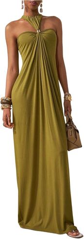 Milumia Women's Elegant Hater Neck Ruched Maxi Dress Metal Sleeveless Party Tube Top Long Dresses in Saudi Arabia