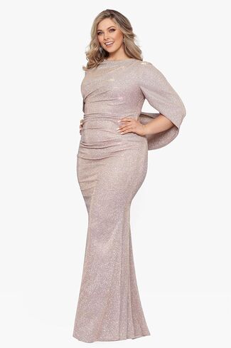 Betsy & Adam Womens Plus Size Long Glitter Cape Sleeve Dress with Draped Neckline and Hidden Back Zipper in Saudi Arabia