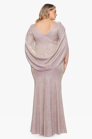 Betsy & Adam Womens Plus Size Long Glitter Cape Sleeve Dress with Draped Neckline and Hidden Back Zipper in Saudi Arabia