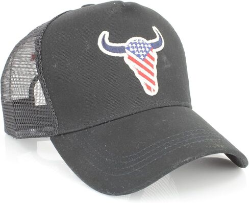 قبعة أمريكان بيسون شبكية سوداء Snapback - قبعة بيسبول من نسيج قطني طويل وبوليستر مع شعار البيسون المطرز in Kuwait